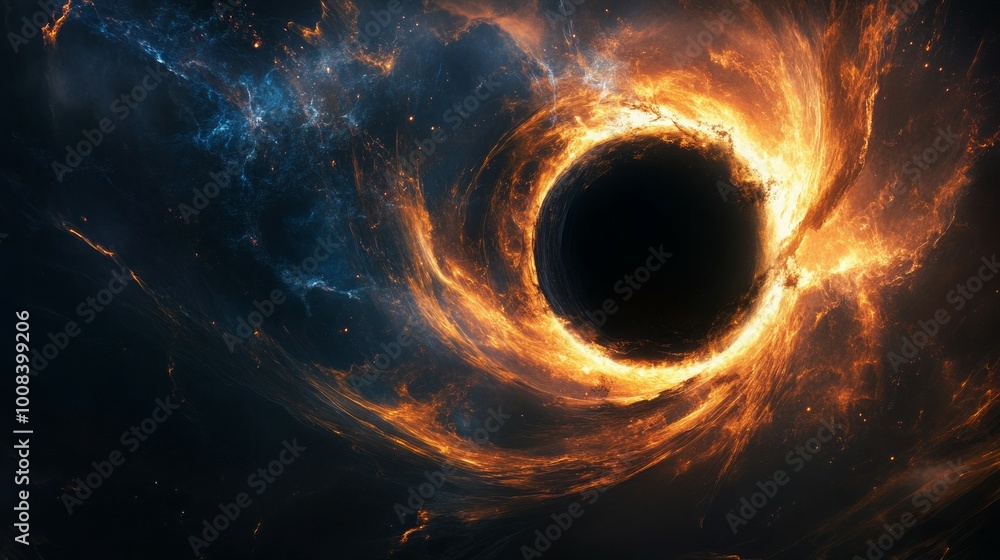 A fiery ring of gas surrounds a black hole in space. A fiery ring of gas surrounds a black hole in space.