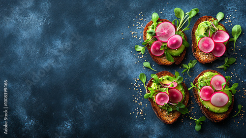 Delicious Avocado Toast Topped With Vibrant Radishes and Microgreens on a Dark Textured Table