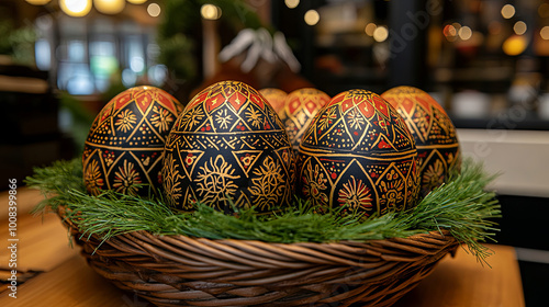 Colorfully Decorated Easter Eggs Arranged in a Basket Surrounded by Greenery Within a Vibrant Indoor Setting During Springtime