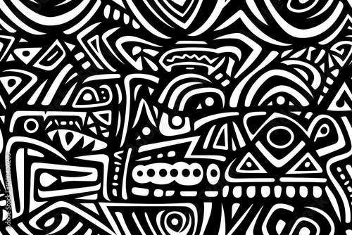 black and white seamless tribal pattern, geometric african ethnic doodle design