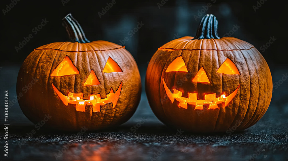 Fototapeta premium Two Carved Jack-O'-Lanterns With Glowing Faces Sit Side by Side on a Dark Surface, Celebrating Halloween Festivities