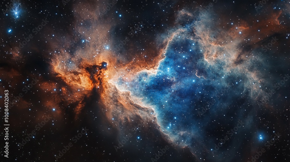 A nebula with vibrant orange and blue hues, surrounded by twinkling stars. A nebula with vibrant orange and blue hues, surrounded by twinkling stars.