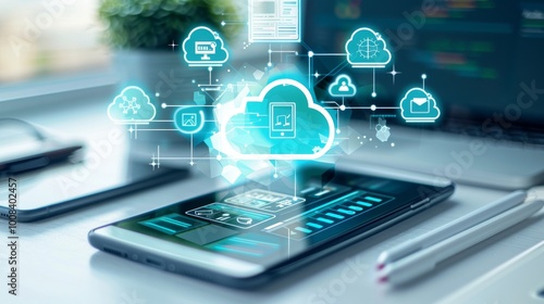 Wallpaper Mural Close-up of a smartphone and tablet on a desk, with icons for cloud computing and data synchronization appearing above the devices cartoon Vector Illustration Torontodigital.ca