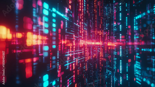 Wallpaper Mural A futuristic data grid with vivid neon colors, showcasing red and blue digital streams and complex coding patterns. Torontodigital.ca