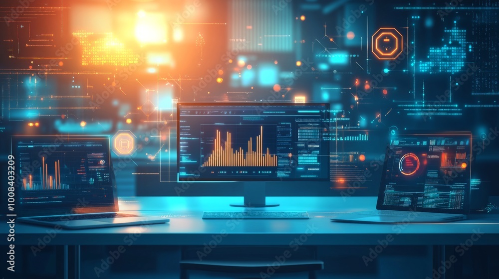 Futuristic Data Analysis with Multiple Computer Screens Futuristic Data Analysis with Multiple Computer Screens