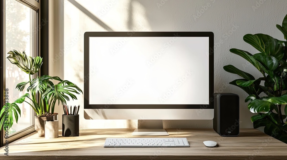 Fototapeta premium Mockup computer screen on wooden table in modern room. Workplace concept