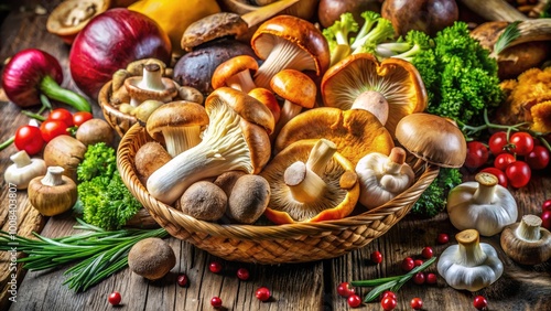 Colorful Assortment of Fresh Mushrooms Ready for Cooking in a Rustic Kitchen Environment