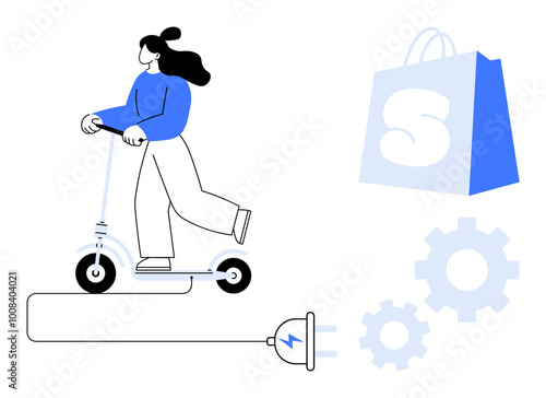 Woman riding e-scooter with plug and energy symbol, gears and shopping bag in background. Ideal for e-commerce, urban mobility, green energy, tech innovation, and smart shopping. Minimalist line art