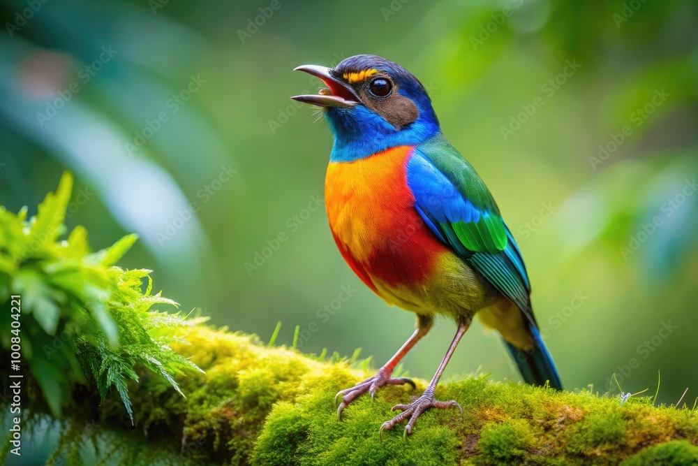 Obraz premium Colorful Bird Singing Cheerfully in a Lush Green Forest Surrounded by Vibrant Nature Sounds