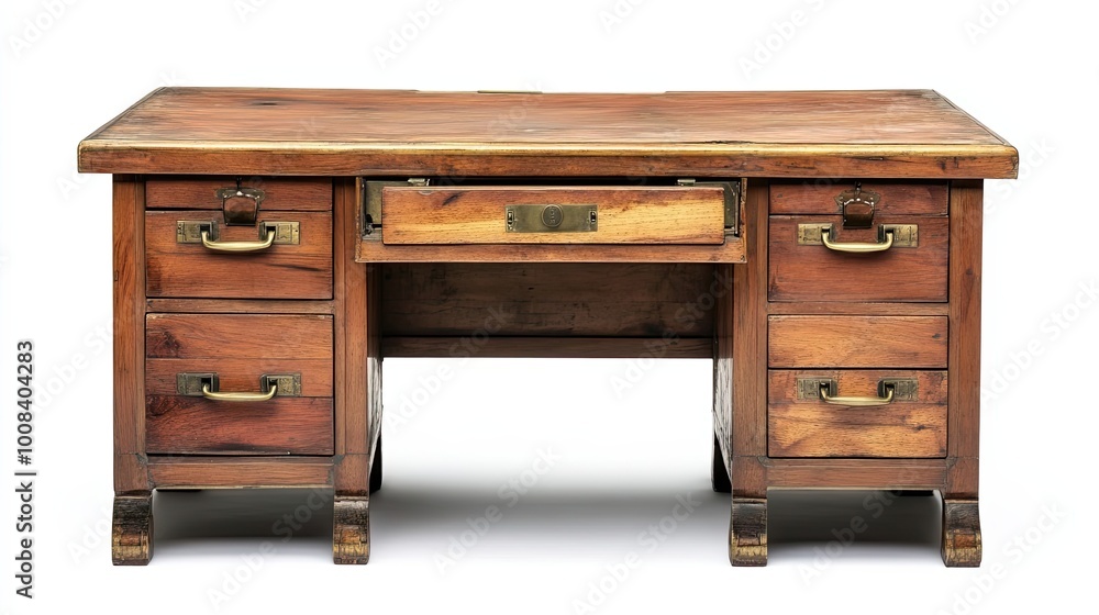 Antique Wooden Desk with Brass Accents and Multiple Drawers Antique Wooden Desk with Brass Accents and Multiple Drawers