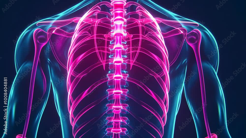 This digital illustration shows the rib cage and spine of a human, highlighted in pink and blue This digital illustration shows the rib cage and spine of a human, highlighted in pink and blue