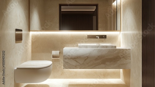 A modern, minimalist powder room with a floating marble sink, a frameless mirror, and a hidden cistern toilet