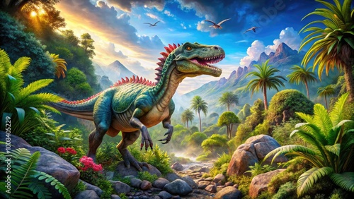 Fototapeta Naklejka Na Ścianę i Meble -  Colorful cartoon dinosaur illustration in a vibrant prehistoric landscape with lush greenery and rocks