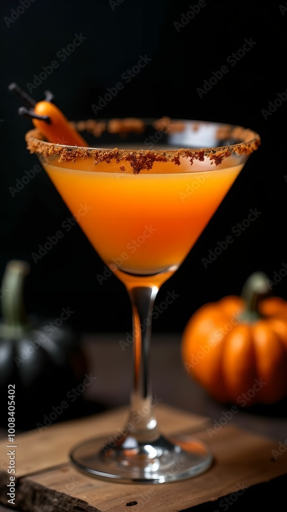On a dark background, a close-up is shown of a tasty orange cocktail in a glass with decorations for Halloween On a dark background, a close-up is shown of a tasty orange cocktail in a glass with decorations for Halloween