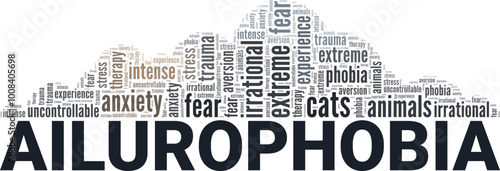 Ailurophobia: Fear of Cats word cloud conceptual design isolated on white background.