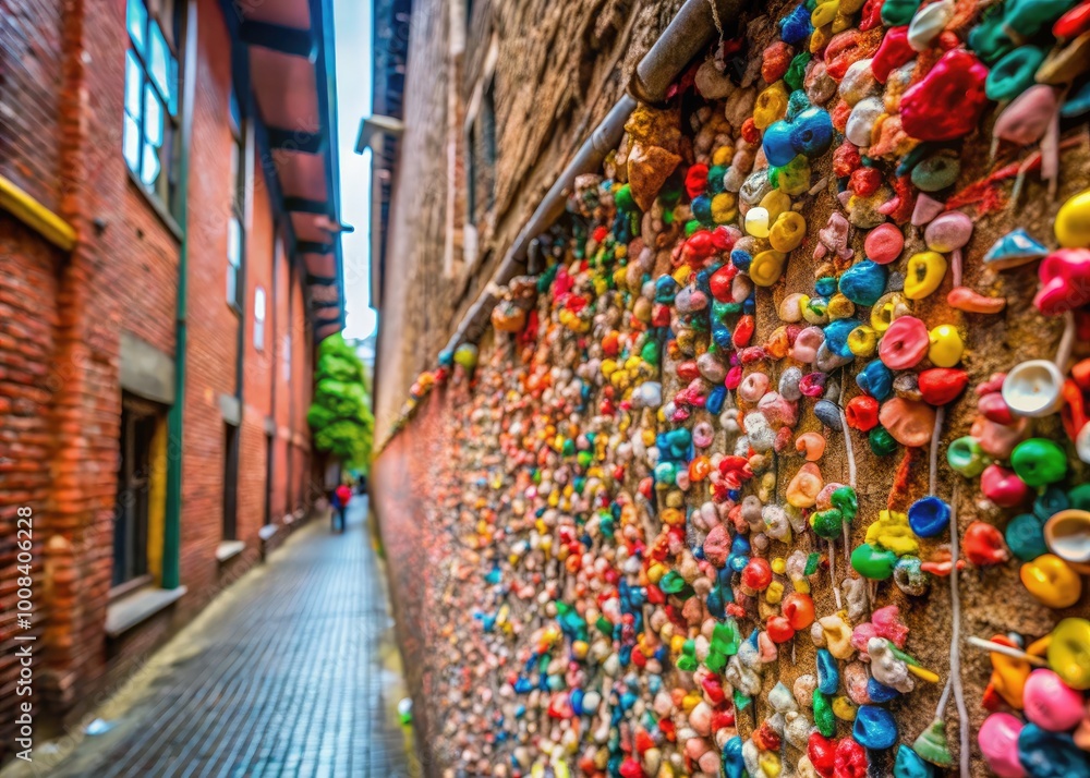 Naklejka premium Colorful Chewing Gum Wall in Seattle, Vibrant Urban Art and Creative Expression on Brick Surface