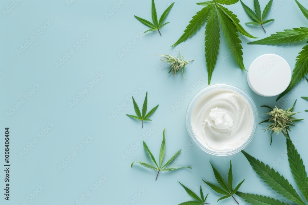 Natural beauty product setup with a cream jar and cannabis leaves on a soft blue surface Natural beauty product setup with a cream jar and cannabis leaves on a soft blue surface