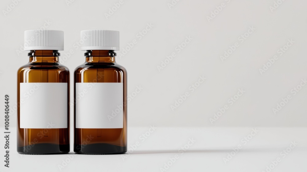 Brown Glass Bottles with White Labels on Table Brown Glass Bottles with White Labels on Table