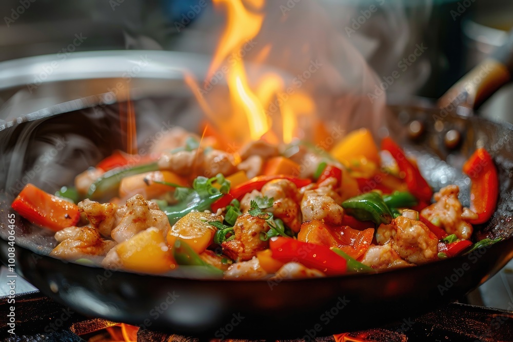 Professional Chef Stir-Frying Shrimp and Vegetables in a Flaming Wok Professional Chef Stir-Frying Shrimp and Vegetables in a Flaming Wok
