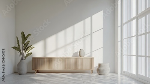 3D rendering of a sleek white room with a wooden cabinet, featuring modern design and minimal decor, highlighting the simplicity of the interior