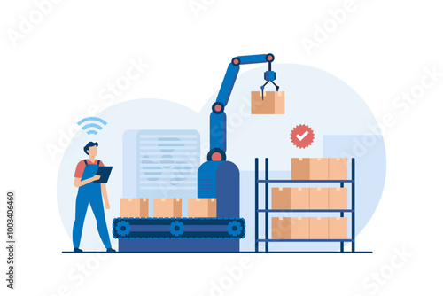 Warehouse Worker Operating Robotic Arm for Sorting Packages in Automated Shipping Process.Vector Illustration