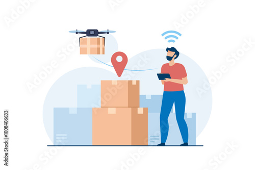 Worker Using Drone for Parcel Delivery. Innovative Technology in Modern Logistics and Shipping. Vector Illustration