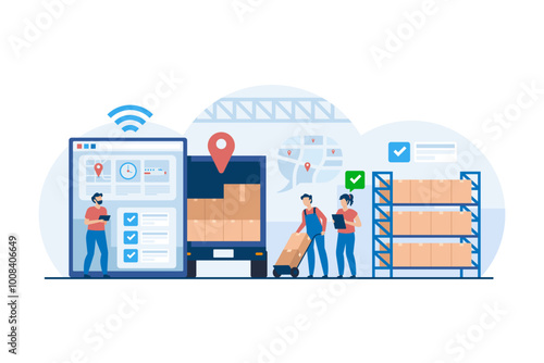 Efficient Logistics Team Managing Supply Chain Operations. Streamlined Coordination and Inventory Control in Modern Warehousing for Optimized Shipping and Distribution Solutions. Vector Illustration