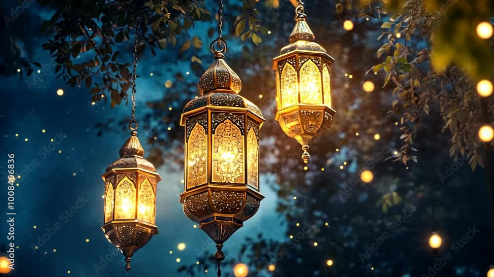 Three ornate lanterns hang from tree branches, illuminating the night with warm light Three ornate lanterns hang from tree branches, illuminating the night with warm light