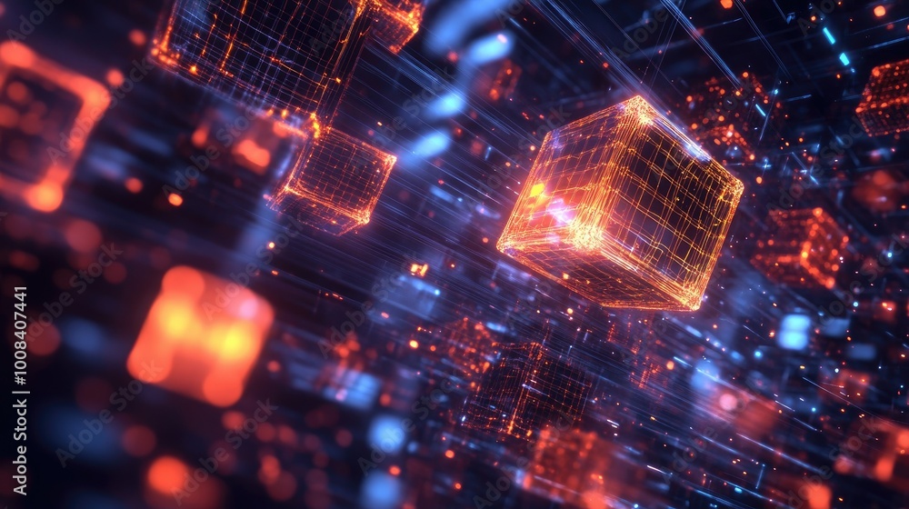3D rendering of floating cubes and light trails in a digital space, representing modern technology and innovation. 3D rendering of floating cubes and light trails in a digital space, representing modern technology and innovation.