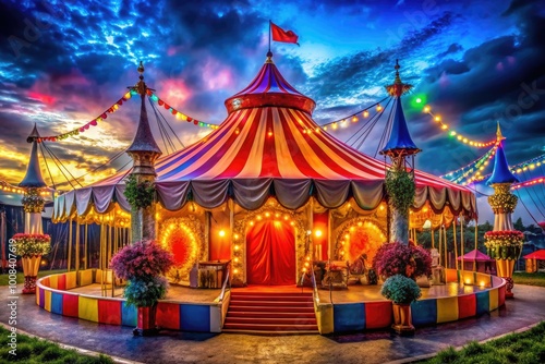 Colorful circus stand with vibrant decorations and inviting atmosphere for festive entertainment events