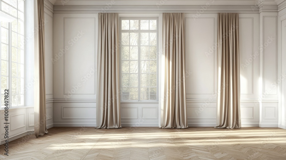 3D-rendered spacious room with a white wall, parquet flooring, wide window dressed in white vitrage, and three beige curtains on the sides, evoking a classic feel 3D-rendered spacious room with a white wall, parquet flooring, wide window dressed in white vitrage, and three beige curtains on the sides, evoking a classic feel
