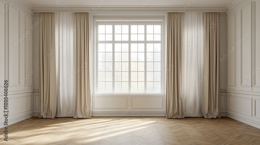 A 3D illustration of an empty room with a white wall, parquet floor, a wide window covered by classic white vitrage, and three beige curtains framing the sides