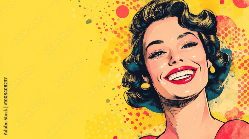 A cheerful woman with a retro style, drawn in a playful pop art way. A cheerful woman with a retro style, drawn in a playful pop art way.