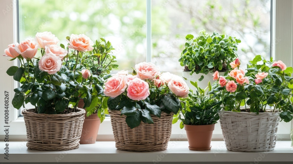Obraz premium A beautiful combination of blooming roses and houseplants, growing in chic wicker baskets on a windowsill. The perfect indoor garden aesthetic.