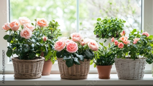 A beautiful combination of blooming roses and houseplants, growing in chic wicker baskets on a windowsill. The perfect indoor garden aesthetic.