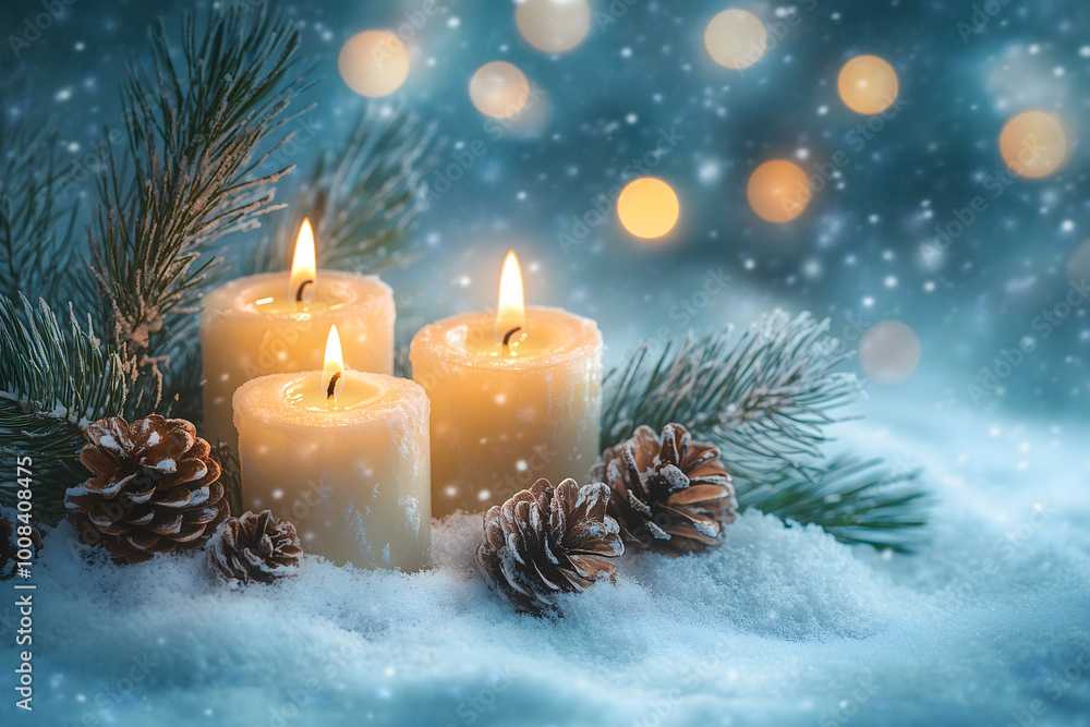 candles on snow and bokeh Christmas background. Generative Ai. candles on snow and bokeh Christmas background. Generative Ai.