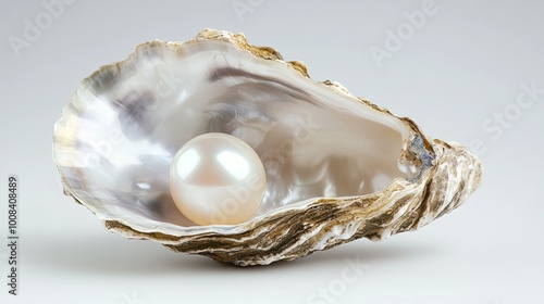 A beautiful natural pearl revealed in an open oyster shell, shimmering against the soft mother-of-pearl interior and white backdrop. photo