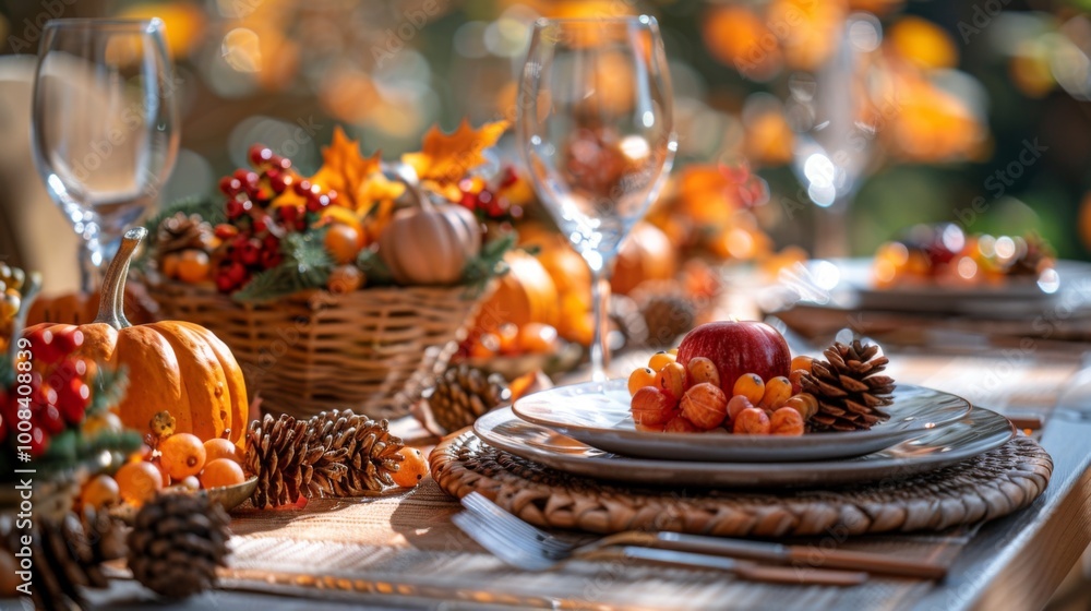 Naklejka premium Thanksgiving and Harvest Festival. Thanksgiving-themed table setting, with rustic plates, fall-colored napkins, and hand-written Thanksgiving message, reflecting essence of the holiday's traditions.