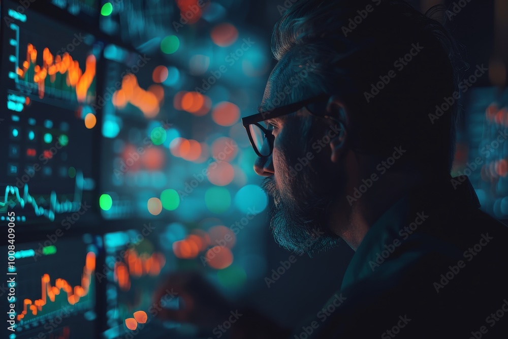 financier, caucasian man trader analyzes the charts on the screen, investment