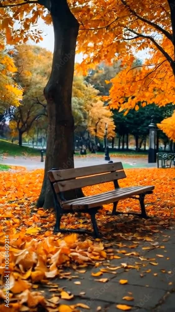 On a tranquil spring afternoon, the wind stirs in a park, rustling the orange leaves that fall near a bench On a tranquil spring afternoon, the wind stirs in a park, rustling the orange leaves that fall near a bench