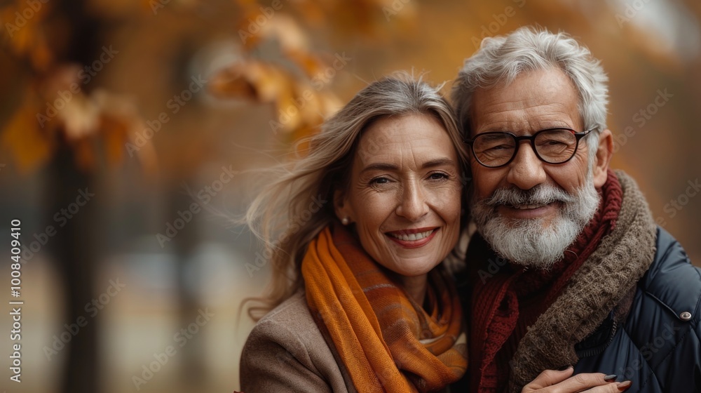 Obraz premium Autumn or fall season. A senior Caucasian couple in their 60s, enjoying a beautiful autumn day outdoors, hugging and happy together.