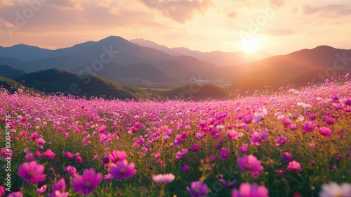 A breathtaking landscape of a cosmos flower field bathed in the soft glow of sunset, with rolling mountains forming a perfect backdrop under warm hues.