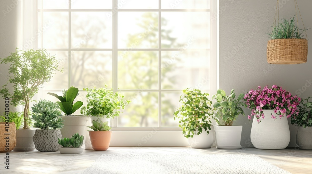 A bright and airy room with multiple indoor plants flourishing in flower pots, showcasing a love for household farming and attentive flower care. A bright and airy room with multiple indoor plants flourishing in flower pots, showcasing a love for household farming and attentive flower care.