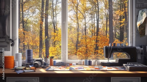 A modern seamstressa??s desk with fabrics and sewing machine, a window view of a forest with a quilt of autumn leaves, and the rhythmic sound of stitching to lo-fi beats.