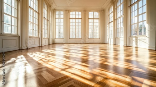 A bright, empty room with a sleek parquet floor and high ceilings, with natural sunlight creating a pattern on the floor, exuding a clean and open space