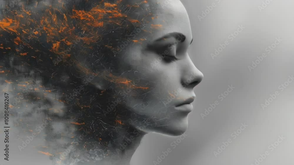 Abstract Artistic Portrait of a Woman's Face in Profile, With Ethereal Black and Orange Brush Strokes Flowing From Her Hair, Symbolizing Thoughts and Dreams Abstract Artistic Portrait of a Woman's Face in Profile, With Ethereal Black and Orange Brush Strokes Flowing From Her Hair, Symbolizing Thoughts and Dreams