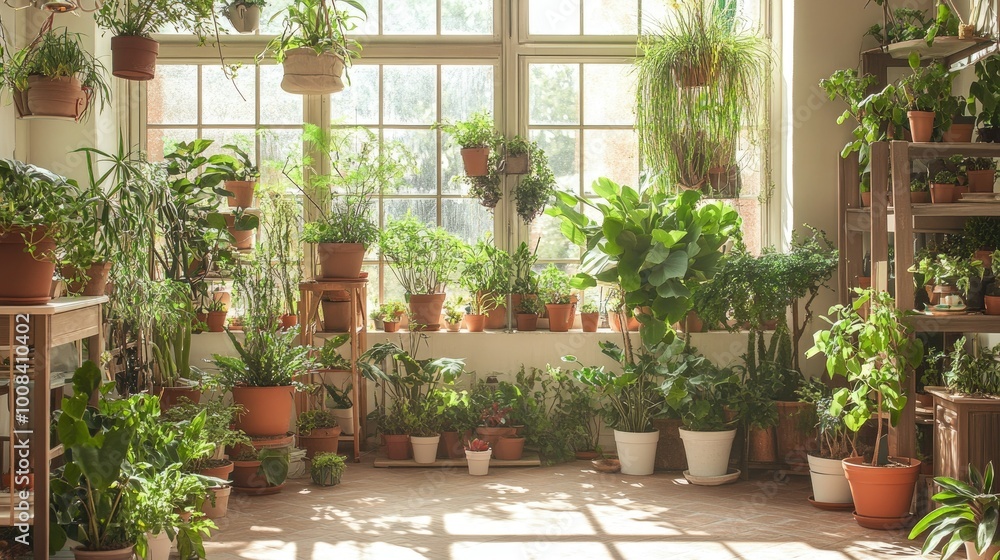 A bright interior filled with thriving indoor plants in decorative pots, showcasing household crop production and meticulous flower care. Natural light highlights the vibrant greenery. A bright interior filled with thriving indoor plants in decorative pots, showcasing household crop production and meticulous flower care. Natural light highlights the vibrant greenery.