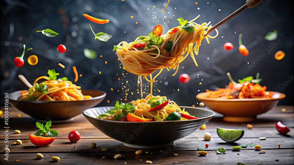 Colorful Flying Noodles in Mid-Air Creating a Whimsical Culinary Scene for Food Enthusiasts Colorful Flying Noodles in Mid-Air Creating a Whimsical Culinary Scene for Food Enthusiasts