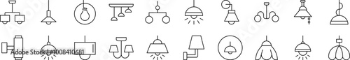 Lamps and Chandeliers Pack of Thin Icons. Editable Stroke. Suitable for Web Sites, Books, Cards, Apps