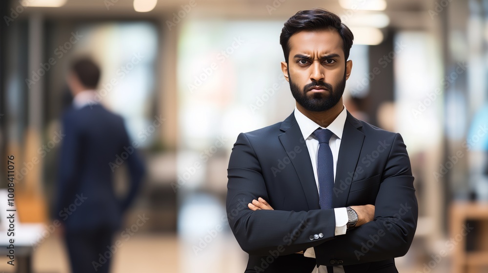 Fototapeta premium Young professional man standing confidently with arms crossed in a modern office environment, showing leadership and determination.